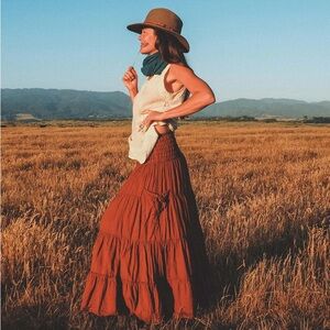 Tiered Smocked Pocket Skirt by Cotton Flower Clothing - Rust Orange